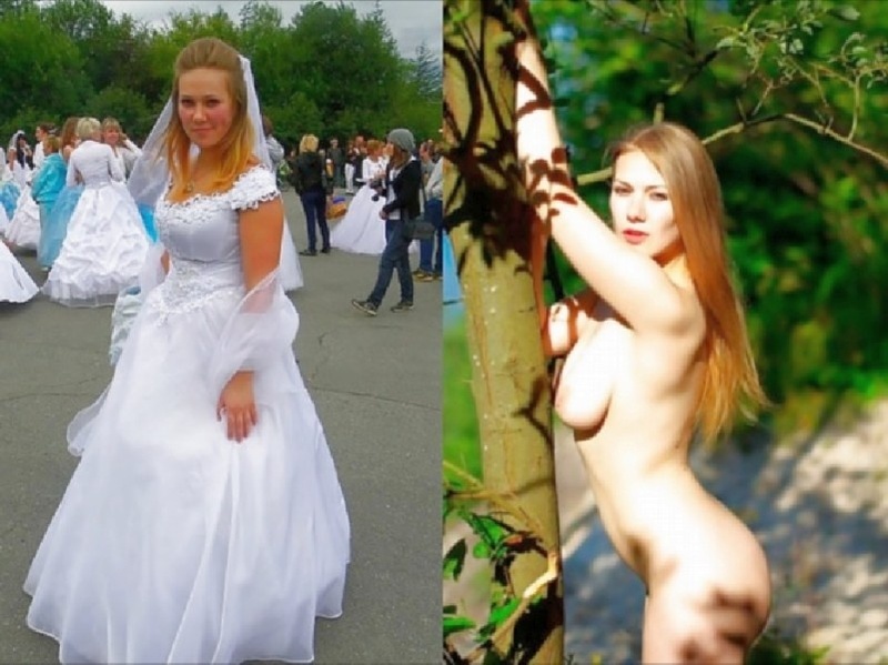 Сексуальная невеста раздевается до гола в лесу